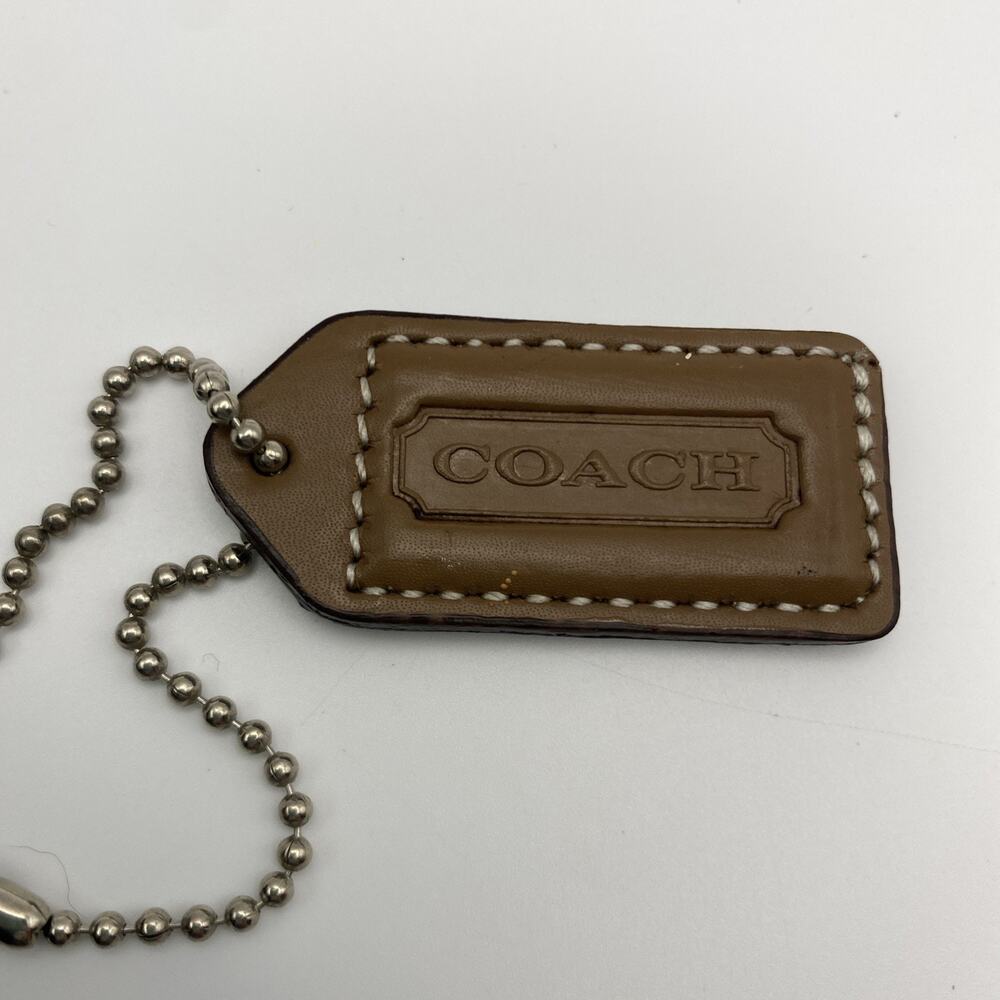 Coach Hang Tag Bag Charm Medium Brown ~ 2” X 1” Keychain Silver Chain